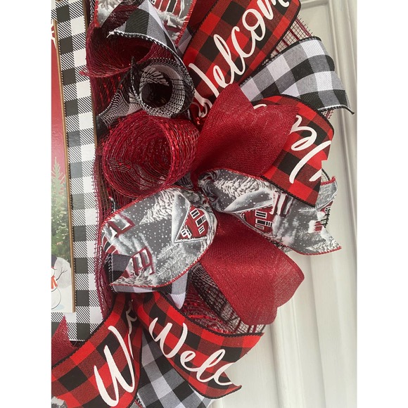 Buffalo Plaid Check Welcome Home for the Holidays Mesh Ribbon Christmas Wreath - Picture 2 of 6